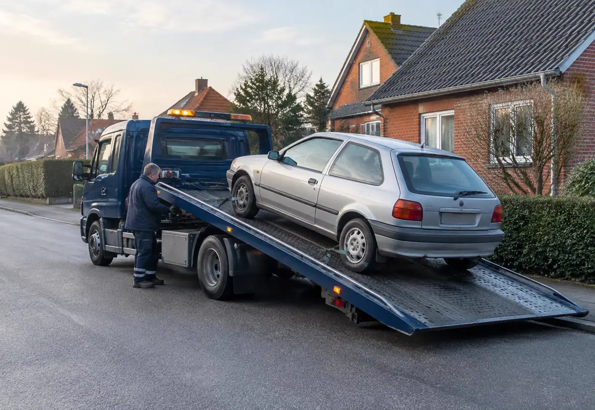 Kranbil læsser en ældre sølvfarvet bil på ladet foran et parcelhus